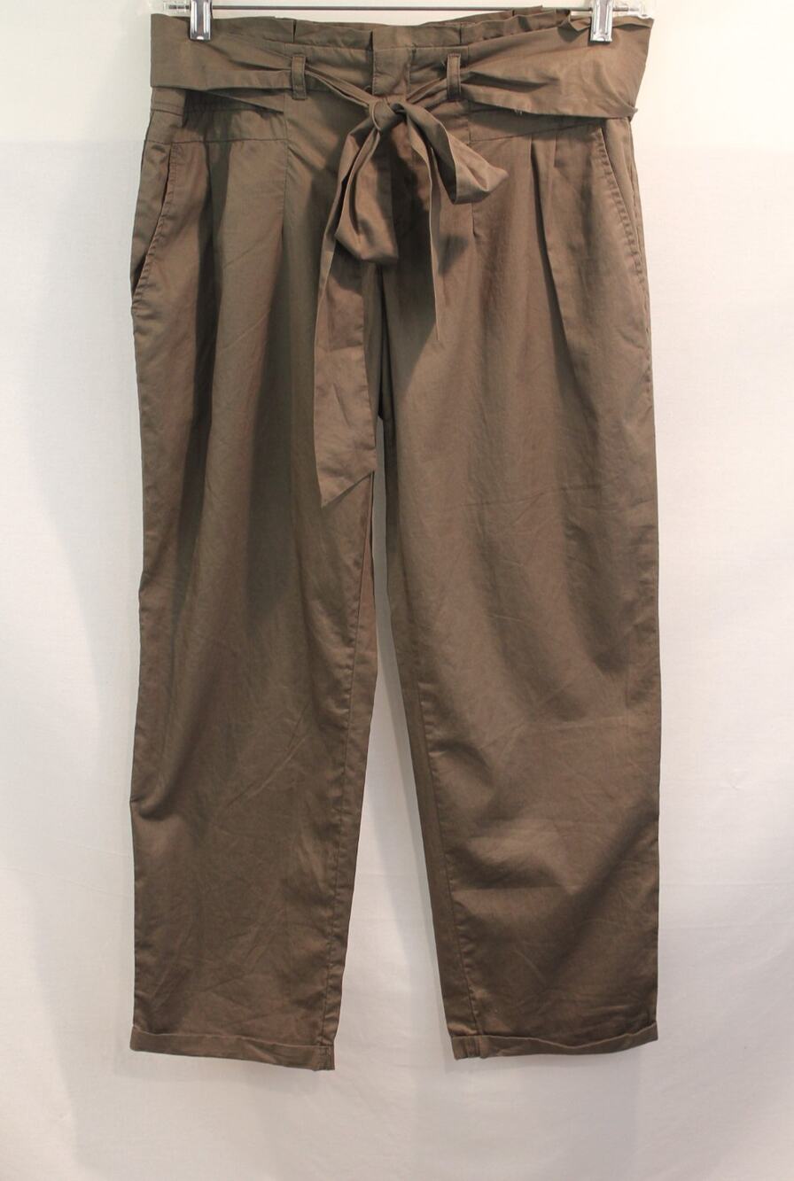 Cartonnier Anthropologie Paperbag Crop Pants Womens size 10 Olive Belt Cuff Hem